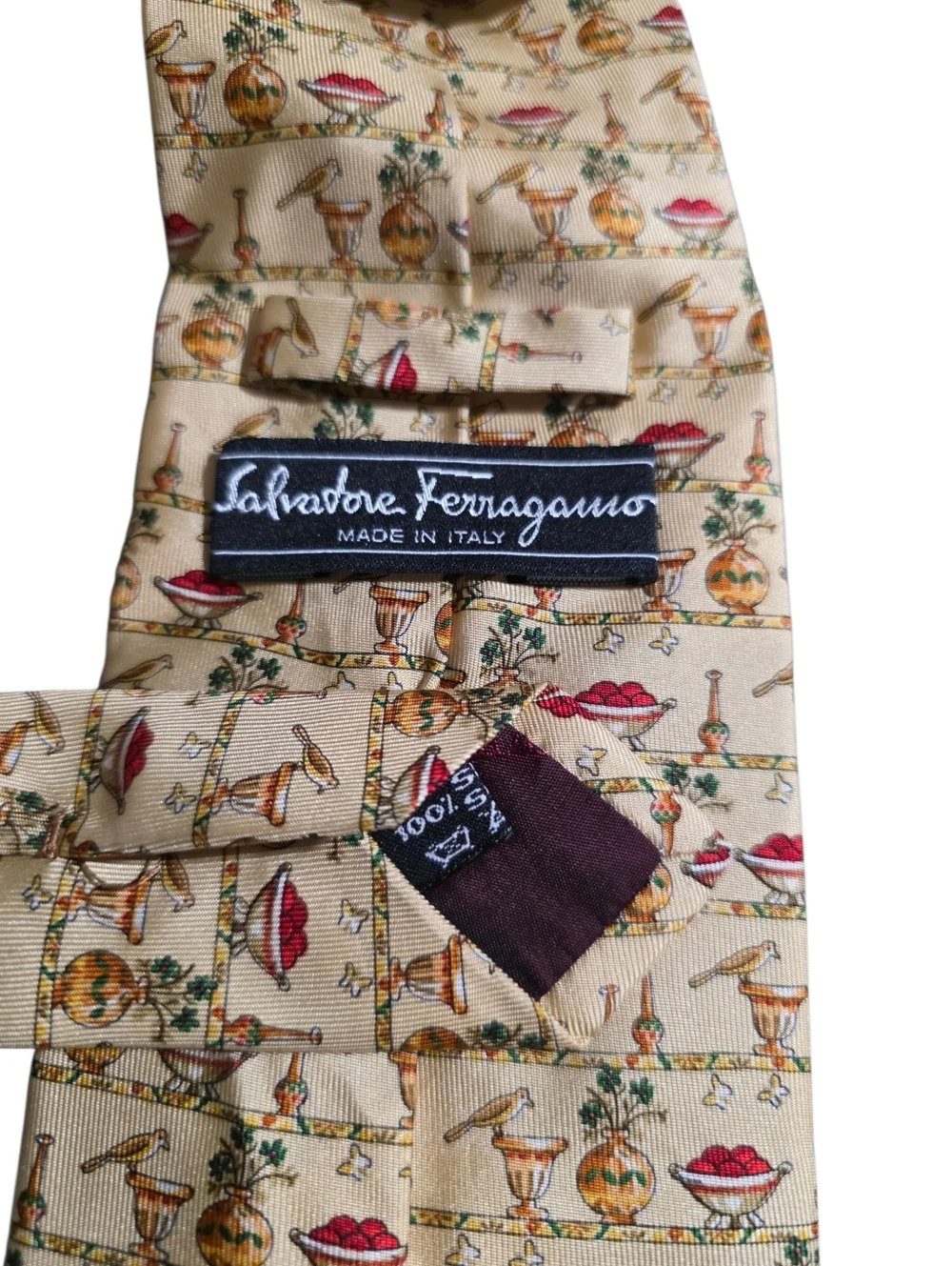 Salvatore Ferragamo Bird, Vase, Fruit Bowl Print Tie in Butter Yellow OS